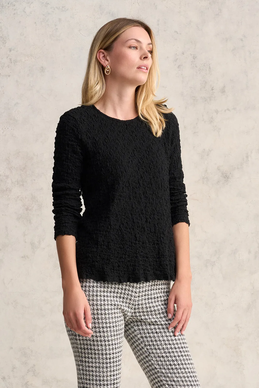 Crinkle Cotton Long Sleeve T-Shirt - Black