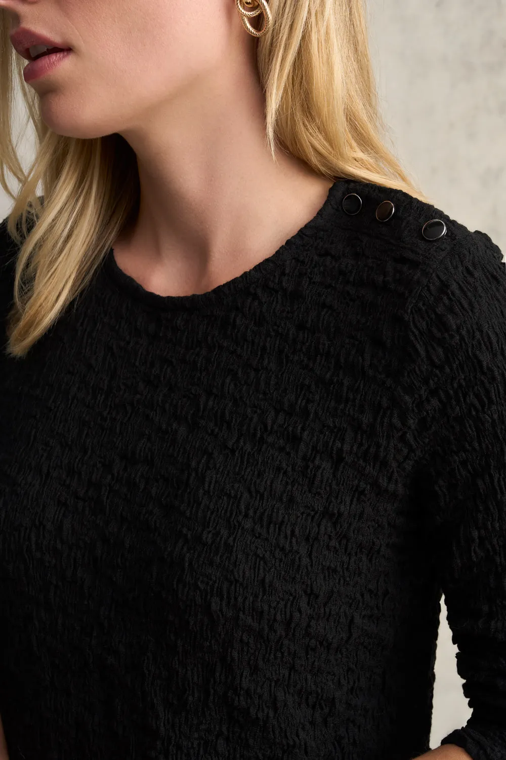 Crinkle Cotton Long Sleeve T-Shirt - Black