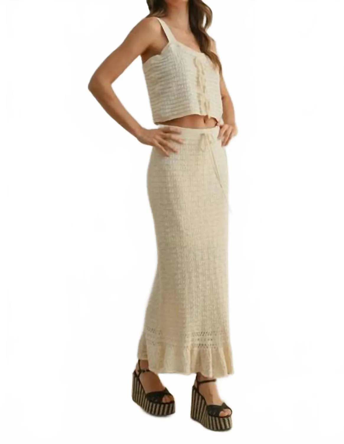 Crochet Knit Maxi Skirt In Beige