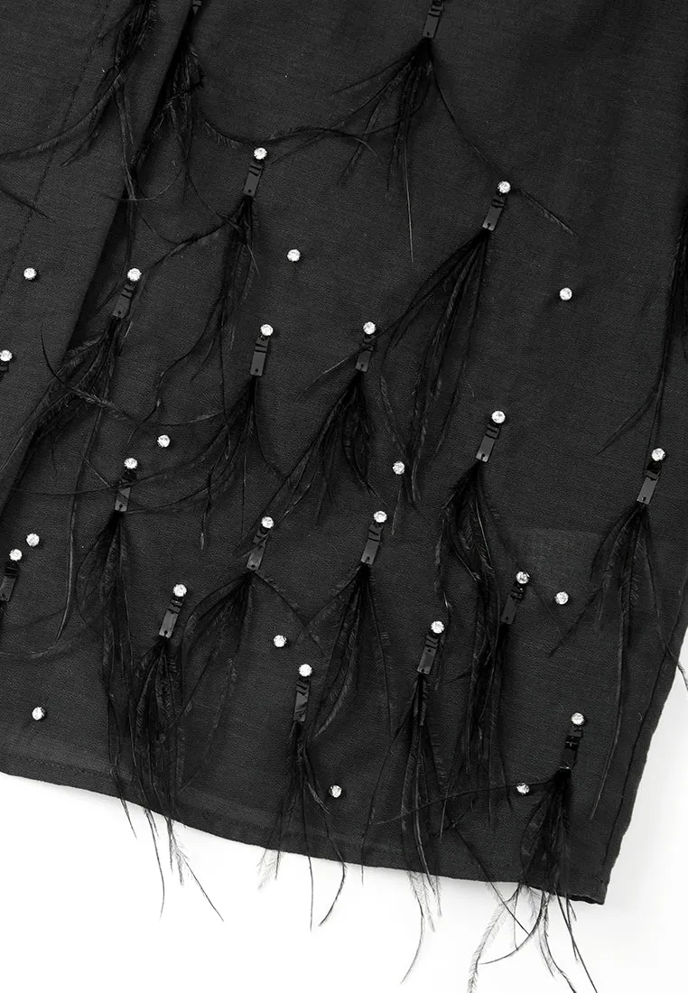 Crystal and Feather Detail Linen Cropped Shirt