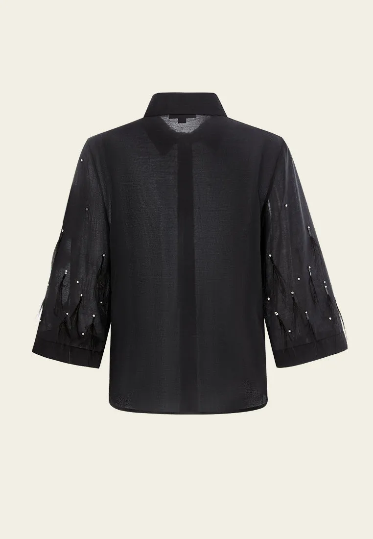 Crystal and Feather Detail Linen Cropped Shirt