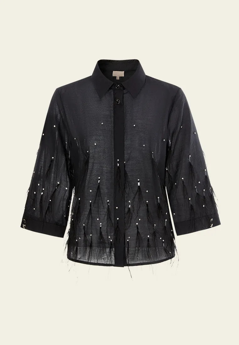 Crystal and Feather Detail Linen Cropped Shirt