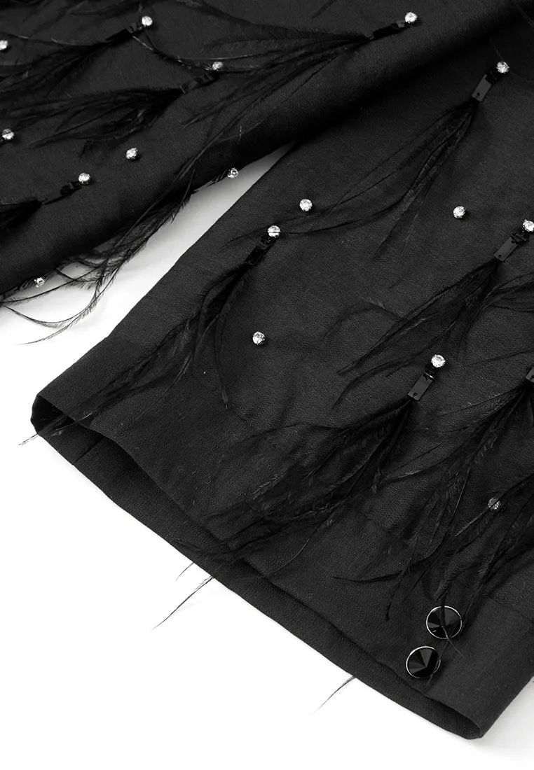 Crystal and Feather Detail Linen Cropped Shirt