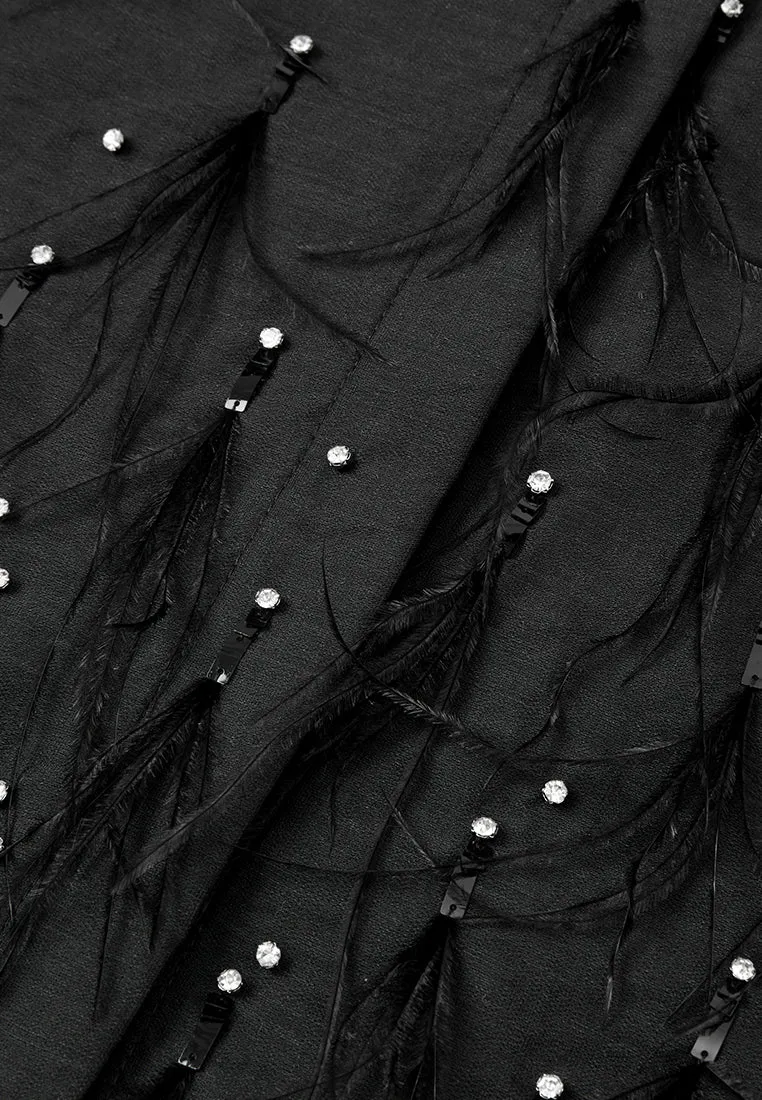 Crystal and Feather Detail Linen Cropped Shirt