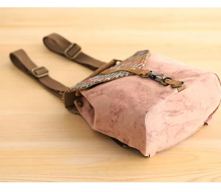 Cute Canvas Leather Mens Womens Small Pink Backpack Khaki Travel Backpack College Backpack for Men