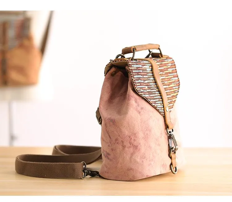 Cute Canvas Leather Mens Womens Small Pink Backpack Khaki Travel Backpack College Backpack for Men