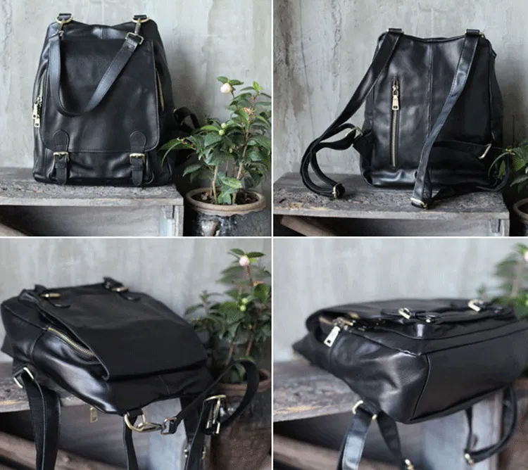 Cute Trendy Girls Black Leather Backpacks Womens Black School Backpack Purse for Women