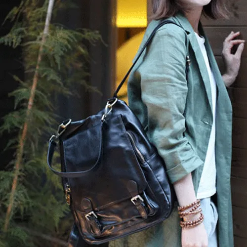 Cute Trendy Girls Black Leather Backpacks Womens Black School Backpack Purse for Women