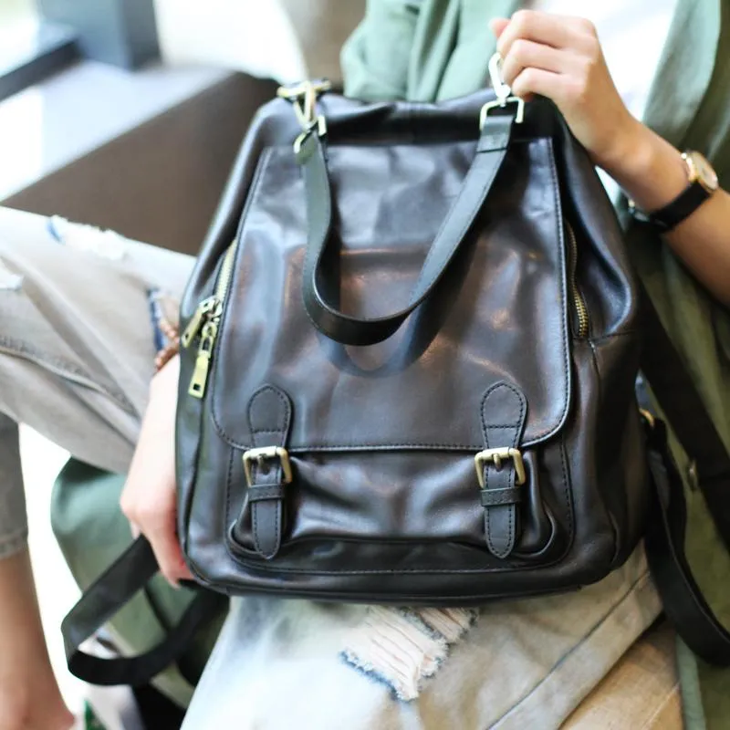Cute Trendy Girls Black Leather Backpacks Womens Black School Backpack Purse for Women