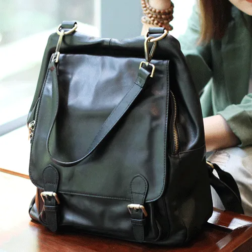 Cute Trendy Girls Black Leather Backpacks Womens Black School Backpack Purse for Women