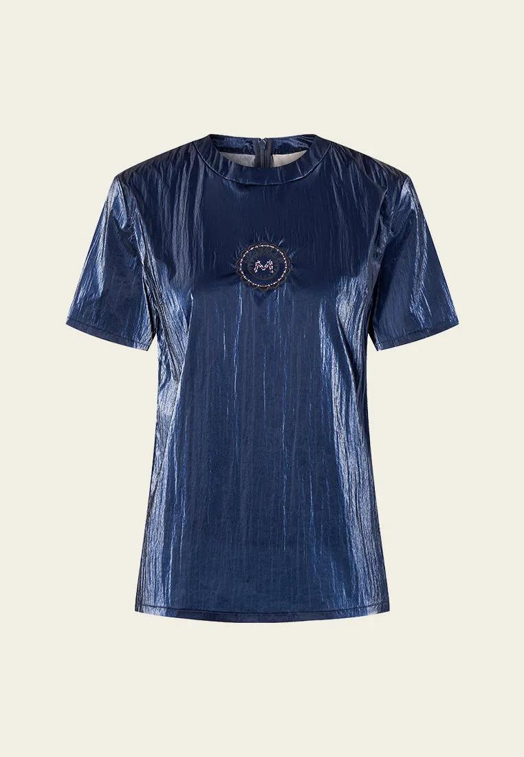 Dark Blue Nylon Short Sleeves Top
