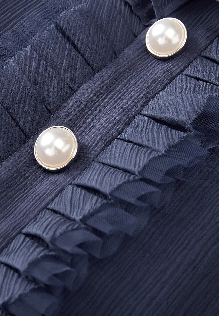 Dark Blue Ruffle Collar Chiffon Blouse