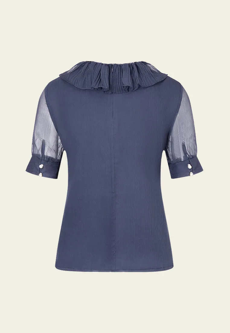 Dark Blue Ruffle Collar Chiffon Blouse