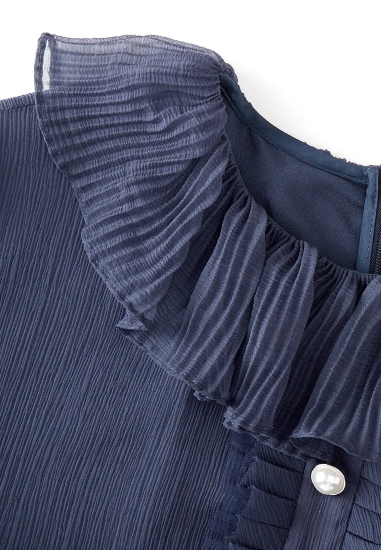 Dark Blue Ruffle Collar Chiffon Blouse