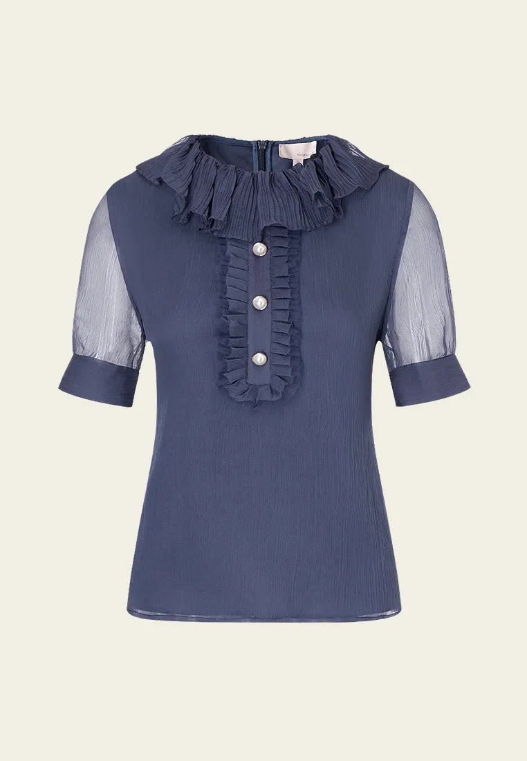 Dark Blue Ruffle Collar Chiffon Blouse