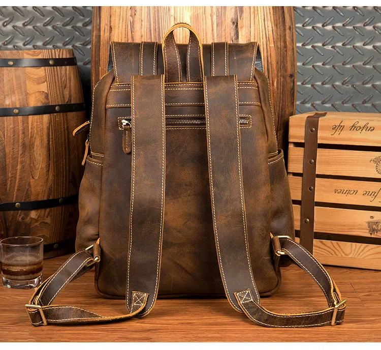 Dark Brown Fashion Mens Leather 15-inch Brown Computer Backpacks Brown Travel Backpacks School Backpacks for men