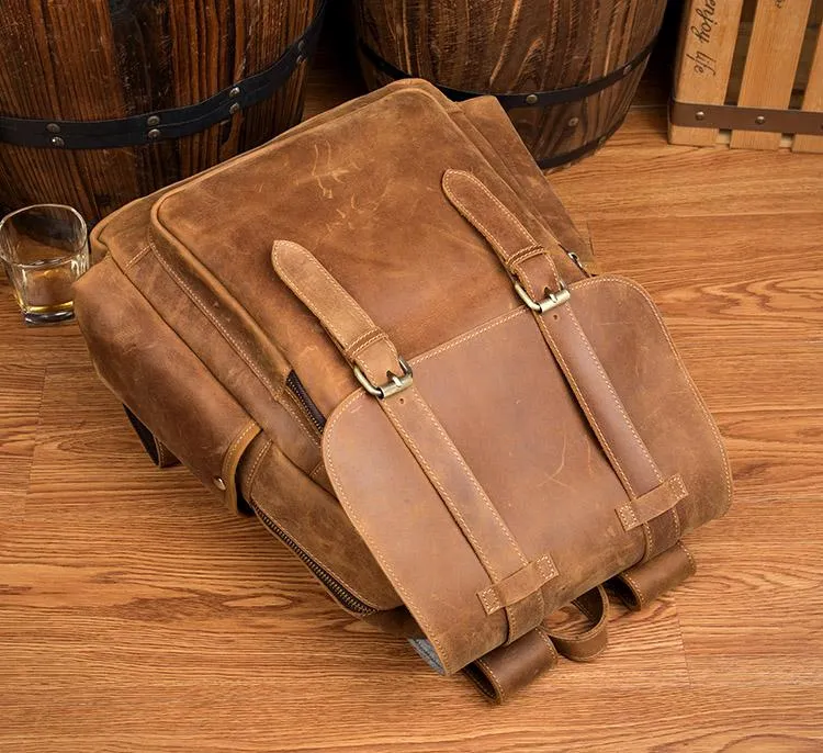 Dark Brown Fashion Mens Leather 15-inch Brown Computer Backpacks Brown Travel Backpacks School Backpacks for men