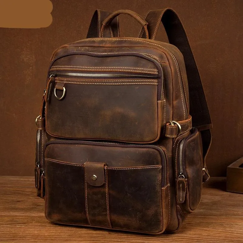 Dark Brown Mens Leather 15-inch Computer Backpacks Fashion Travel Backpacks School Backpacks for men