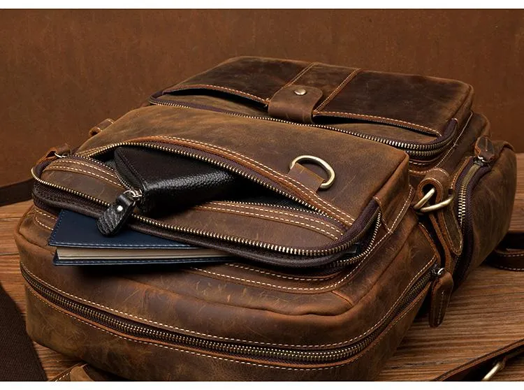 Dark Brown Mens Leather 15-inch Computer Backpacks Fashion Travel Backpacks School Backpacks for men