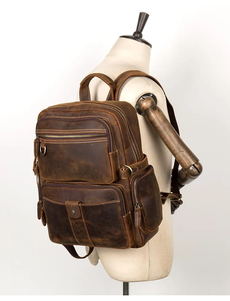 Dark Brown Mens Leather 15-inch Computer Backpacks Fashion Travel Backpacks School Backpacks for men