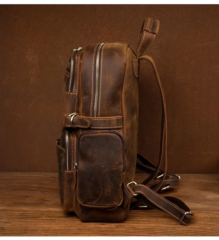 Dark Brown Mens Leather 15-inch Computer Backpacks Fashion Travel Backpacks School Backpacks for men