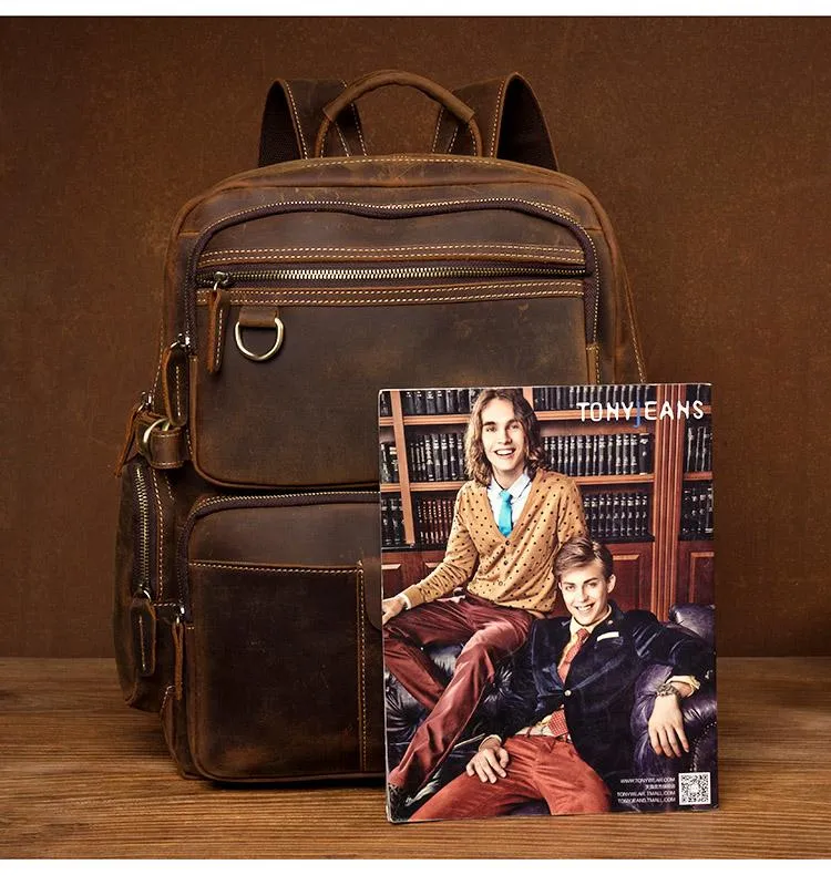 Dark Brown Mens Leather 15-inch Computer Backpacks Fashion Travel Backpacks School Backpacks for men