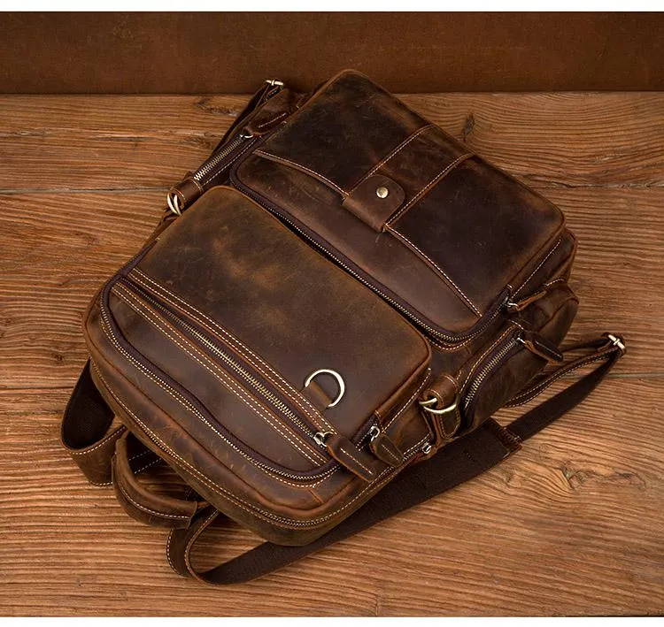 Dark Brown Mens Leather 15-inch Computer Backpacks Fashion Travel Backpacks School Backpacks for men