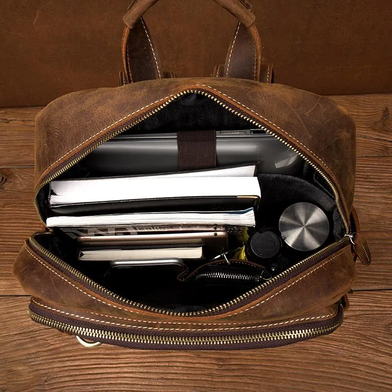 Dark Brown Mens Leather 15-inch Computer Backpacks Fashion Travel Backpacks School Backpacks for men
