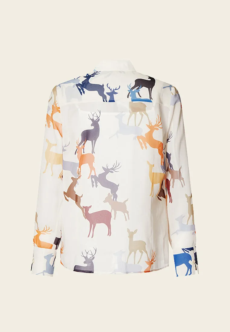 Deer Print Pussy-bow Collar Chiffon Blouse