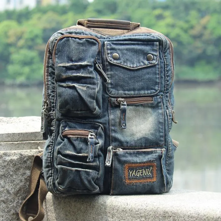 Denim Blue Mens 14 inches Backpack School Backpack Blue Jean Travel Backpack For Men