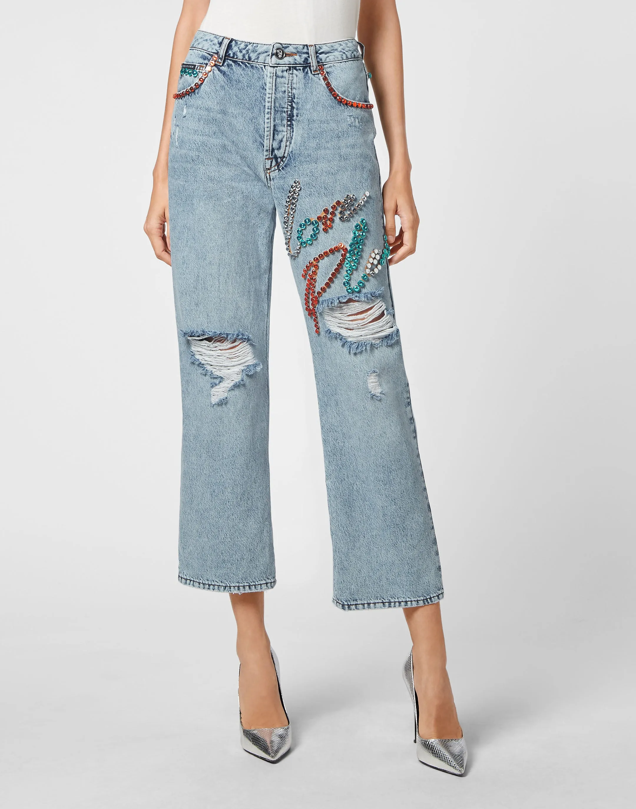 Denim Trousers Super Loose Fit Studs with Crystals