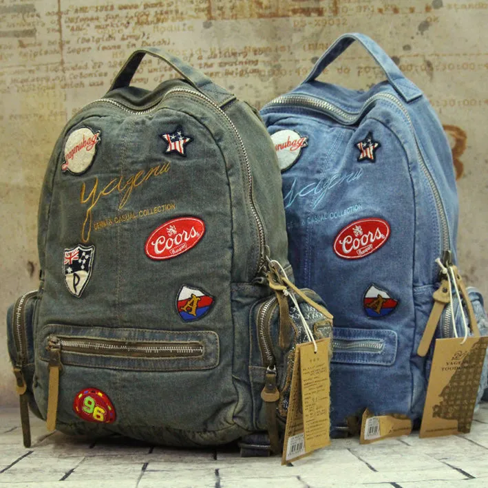 Denim Womens Backpack School Backpack With Stickers Vintage Denim Blue Backpack For Women