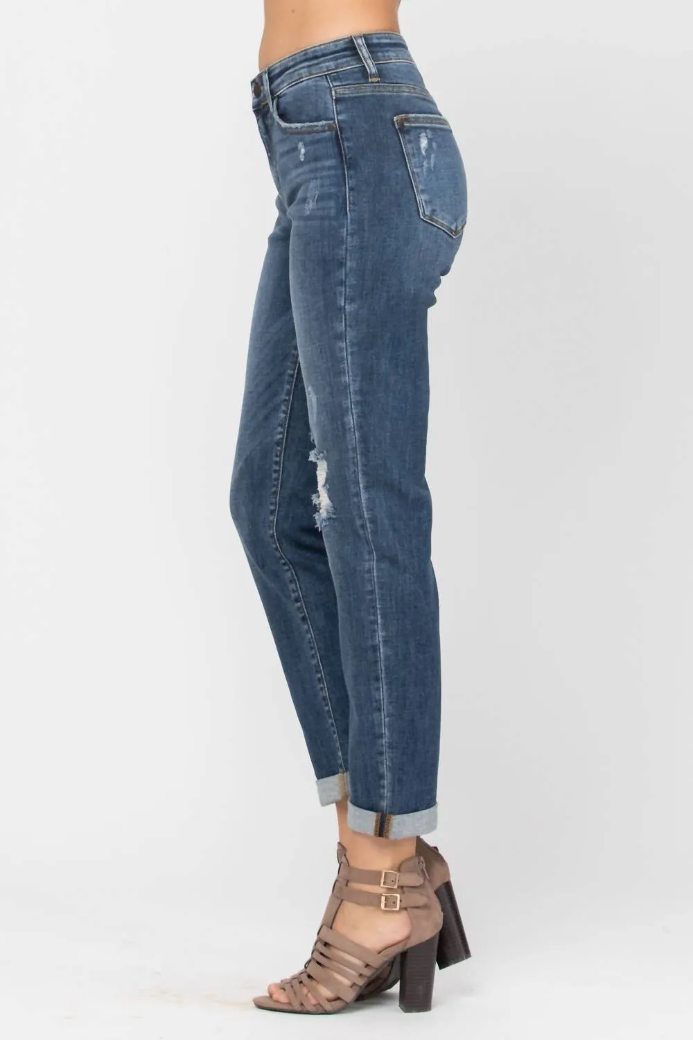 Destroyed Cuffed Mid Rise Slim Fit Denim Jeans In Blue
