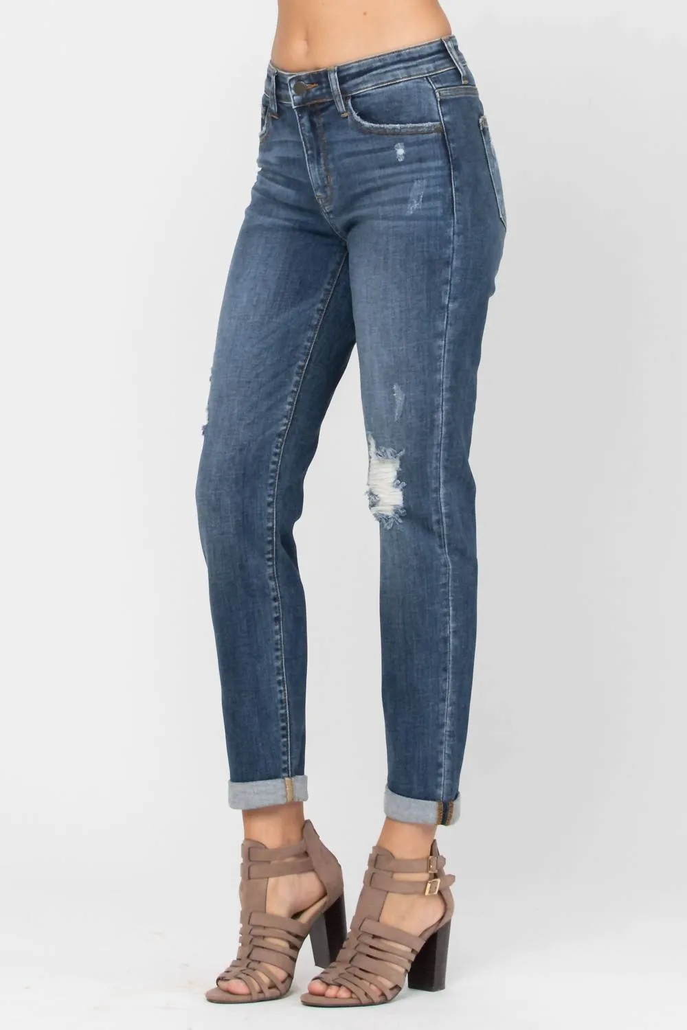 Destroyed Cuffed Mid Rise Slim Fit Denim Jeans In Blue