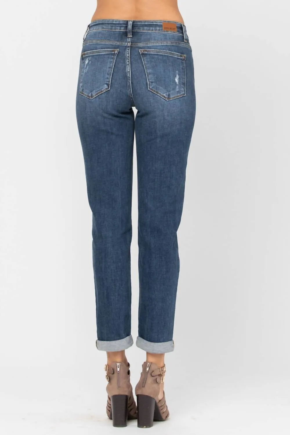 Destroyed Cuffed Mid Rise Slim Fit Denim Jeans In Blue
