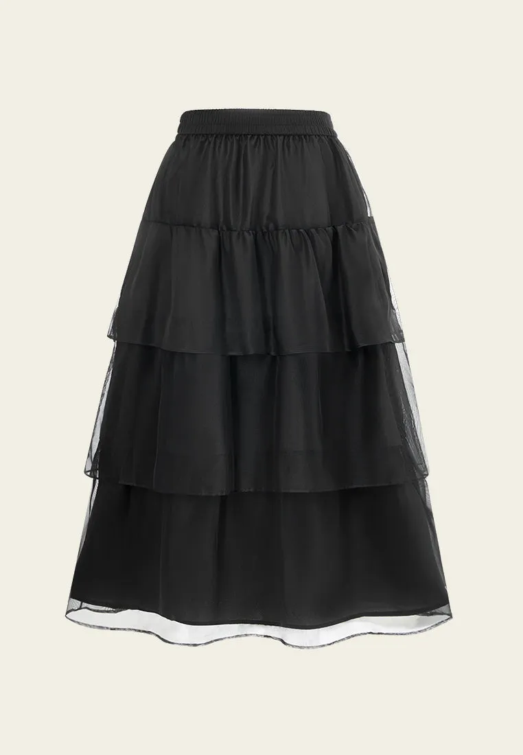 Elasticated-waistband Layered Maxi Mesh Skirt Black