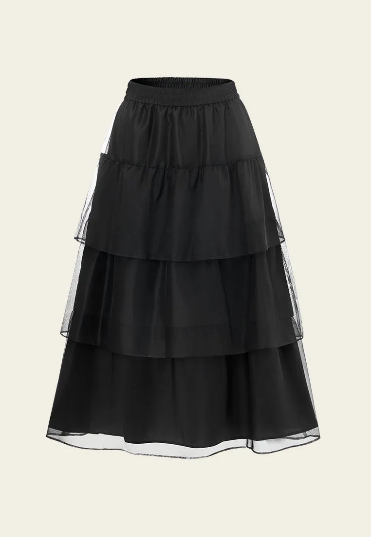 Elasticated-waistband Layered Maxi Mesh Skirt Black