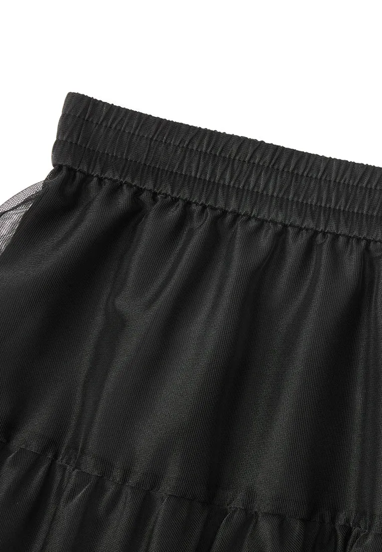 Elasticated-waistband Layered Maxi Mesh Skirt Black