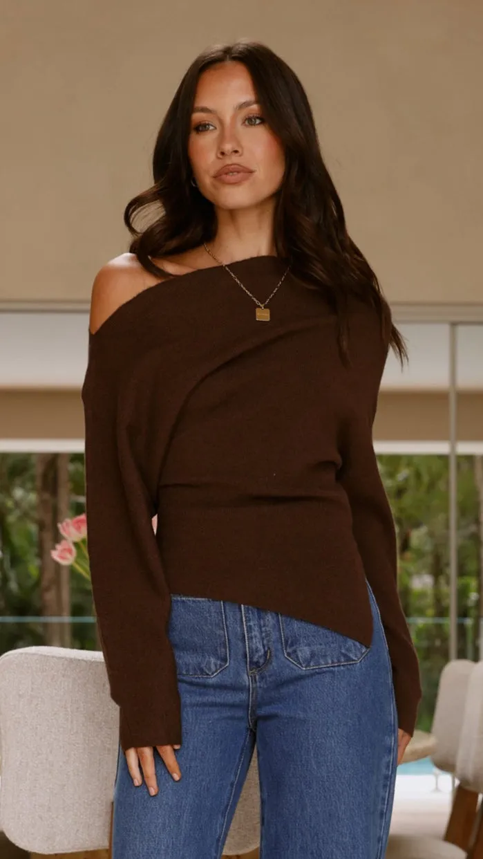 Eleora Long Sleeve Asymmetrical Top - Brown