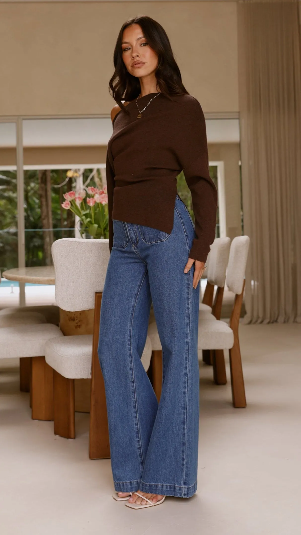 Eleora Long Sleeve Asymmetrical Top - Brown