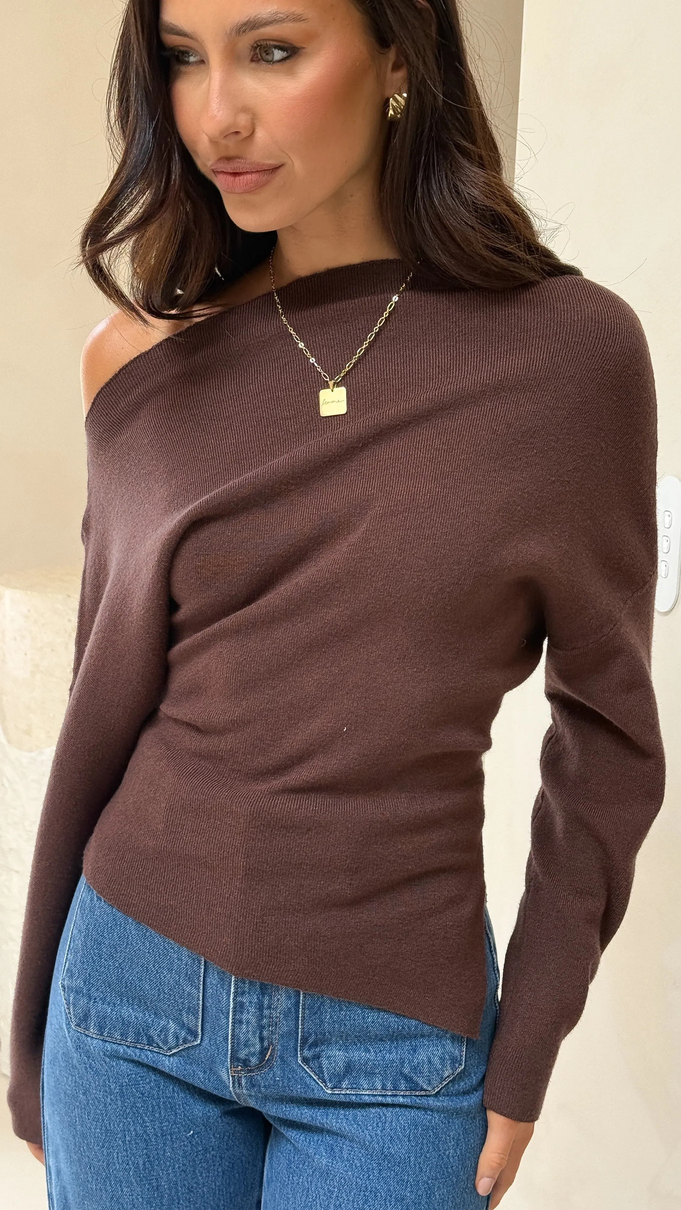 Eleora Long Sleeve Asymmetrical Top - Brown