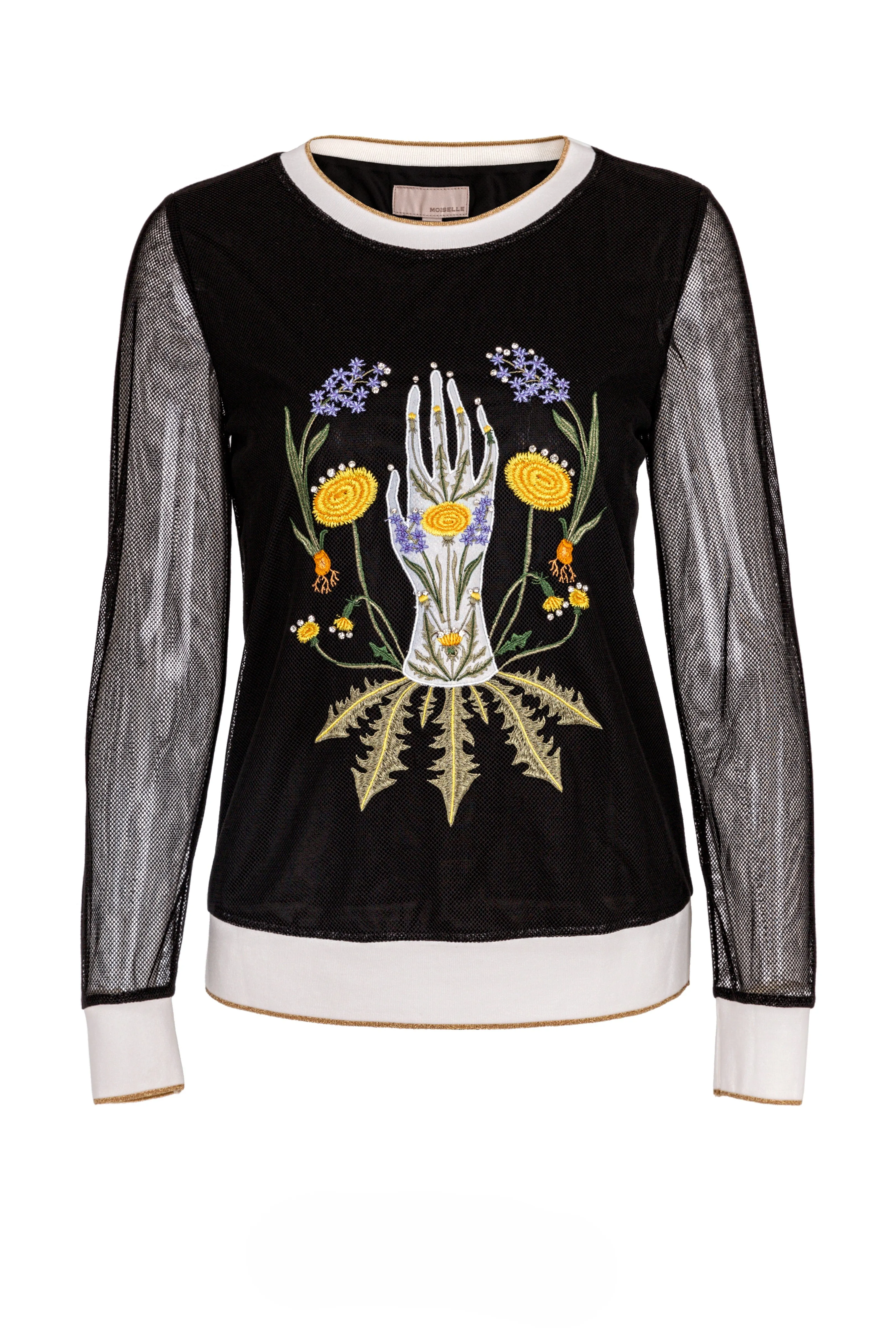 Embroidered Diamond Mesh Long Sleeve Shirt