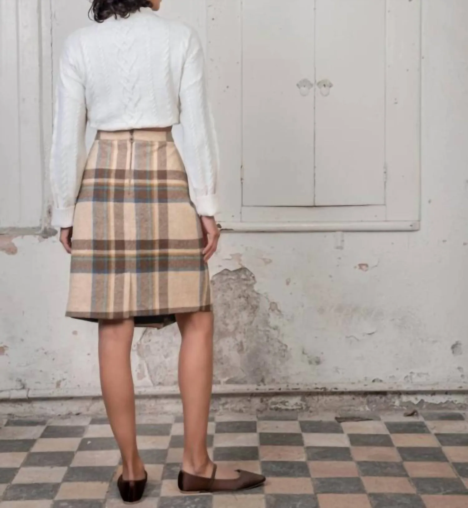 Emma Wool Plaid Skirt In Beige Plaid