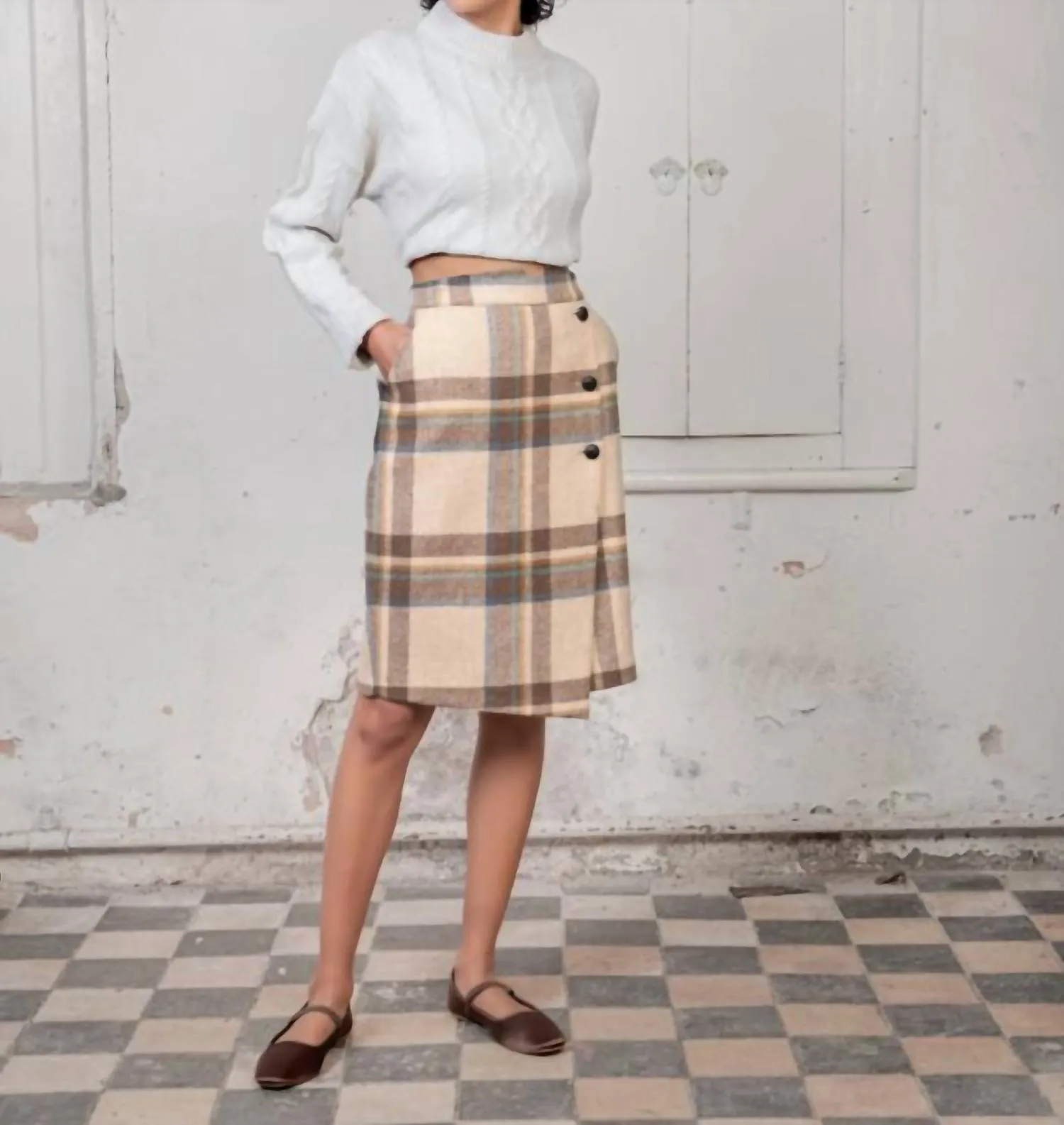Emma Wool Plaid Skirt In Beige Plaid