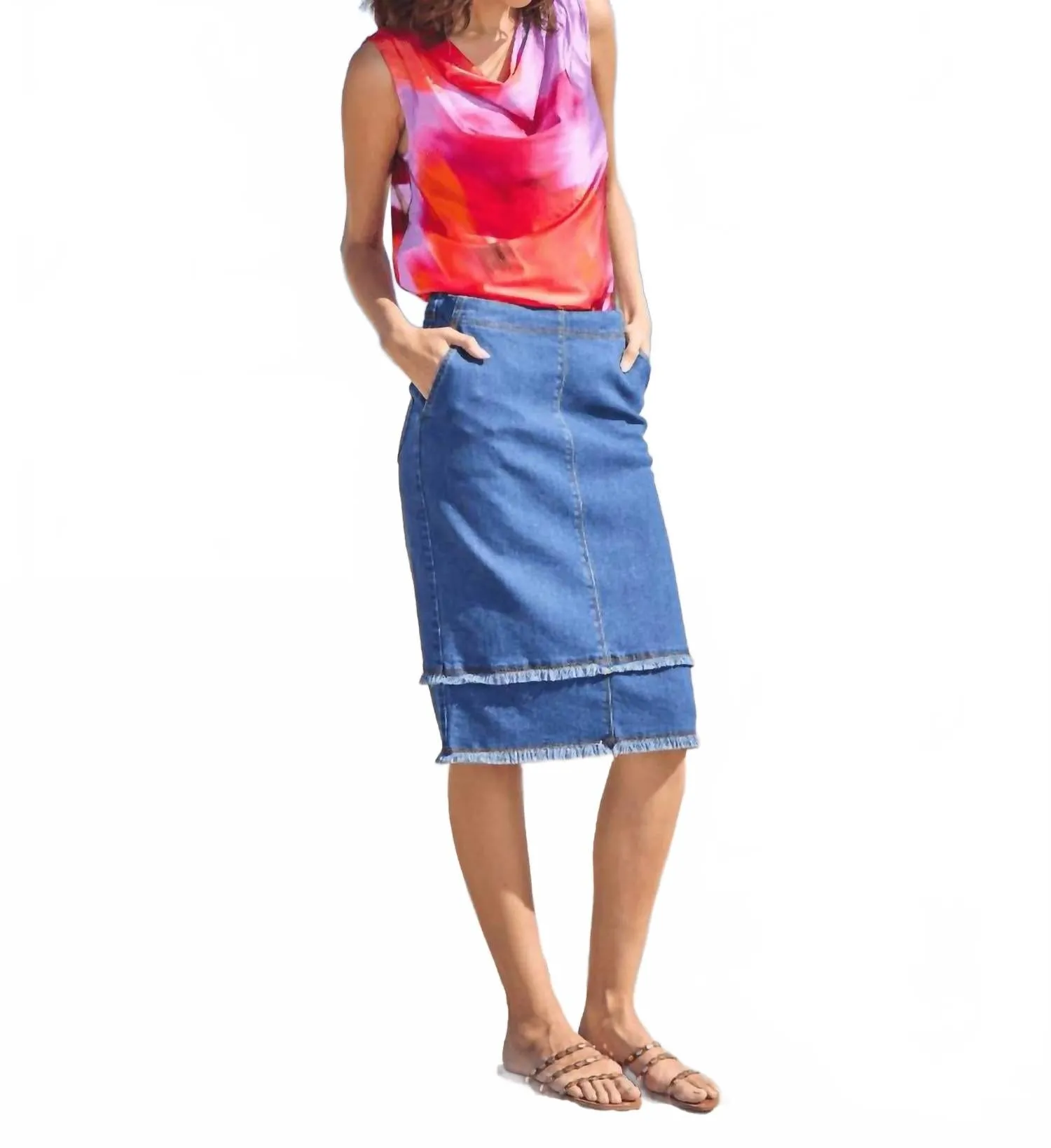 Evelina Fringed Denim Pencil Skirt In Mid Wash