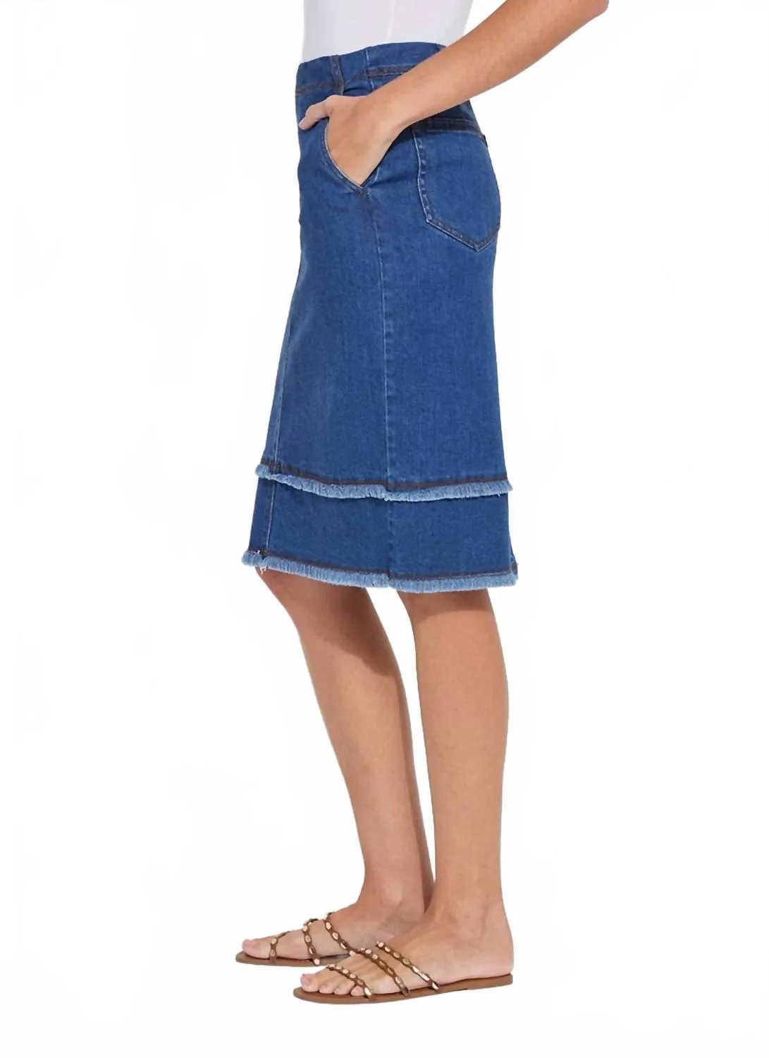Evelina Fringed Denim Pencil Skirt In Mid Wash