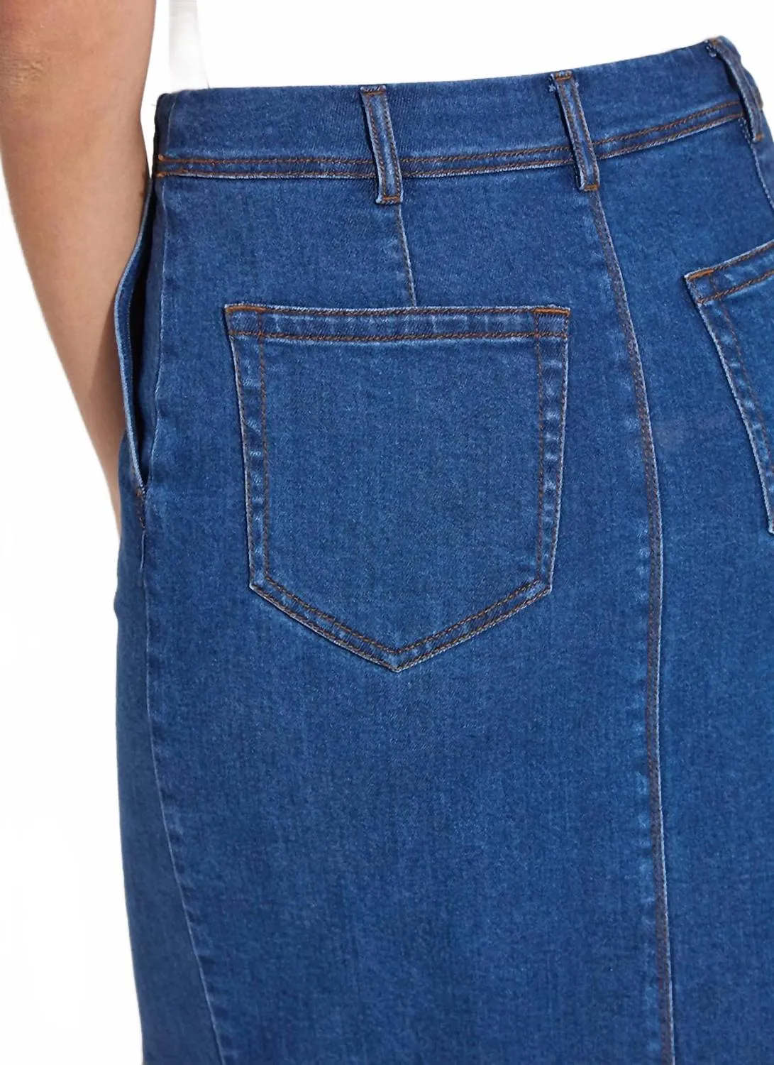 Evelina Fringed Denim Pencil Skirt In Mid Wash