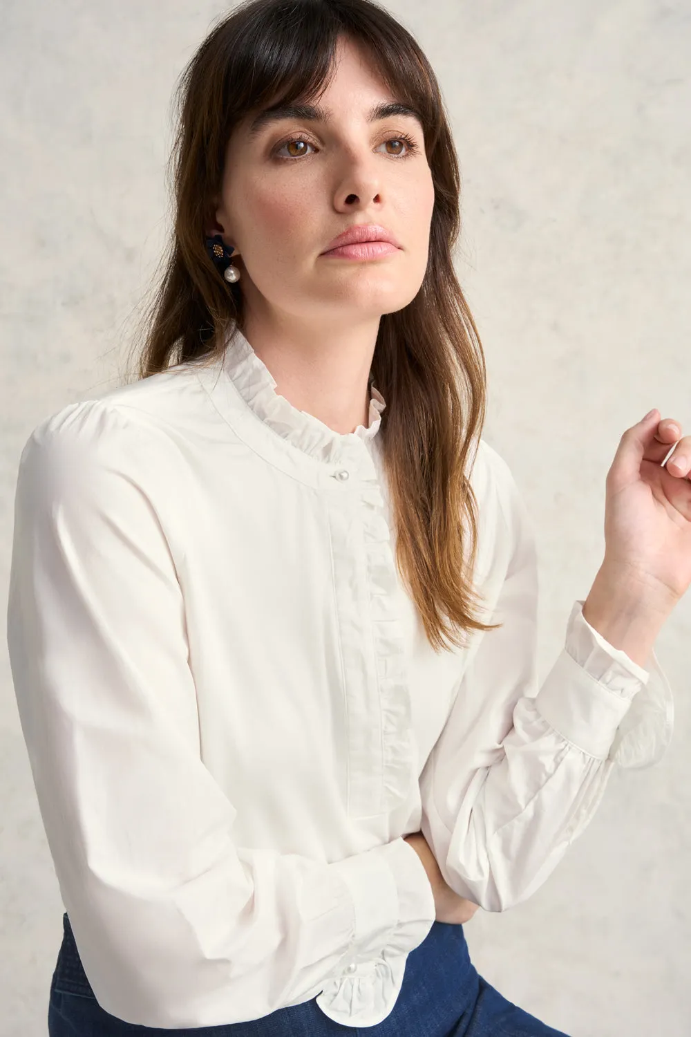 Fabric Mix Ruffle Top - White