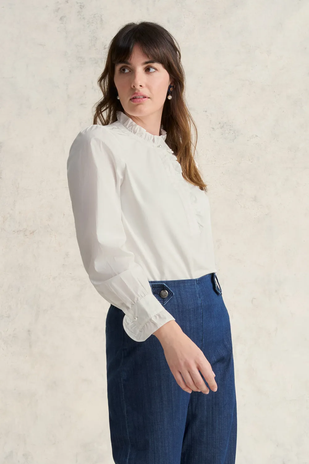 Fabric Mix Ruffle Top - White