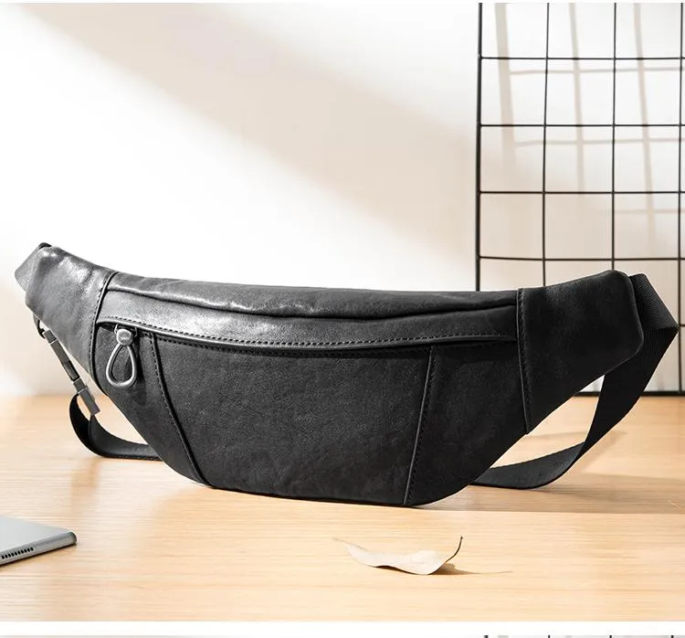 Fashion Black Leather Mens Chest Bag Sling Bag Black One Shoulder Backpack for Men